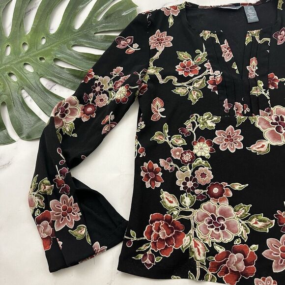 Hillard Hanson Womens Vintage Y2k Mesh Knit Top Size M Black Pink Floral Bell - Picture 4 of 11